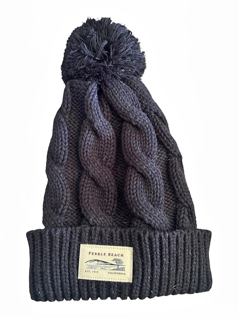 Pebble Beach Cable Knit Pom Beanie in Black